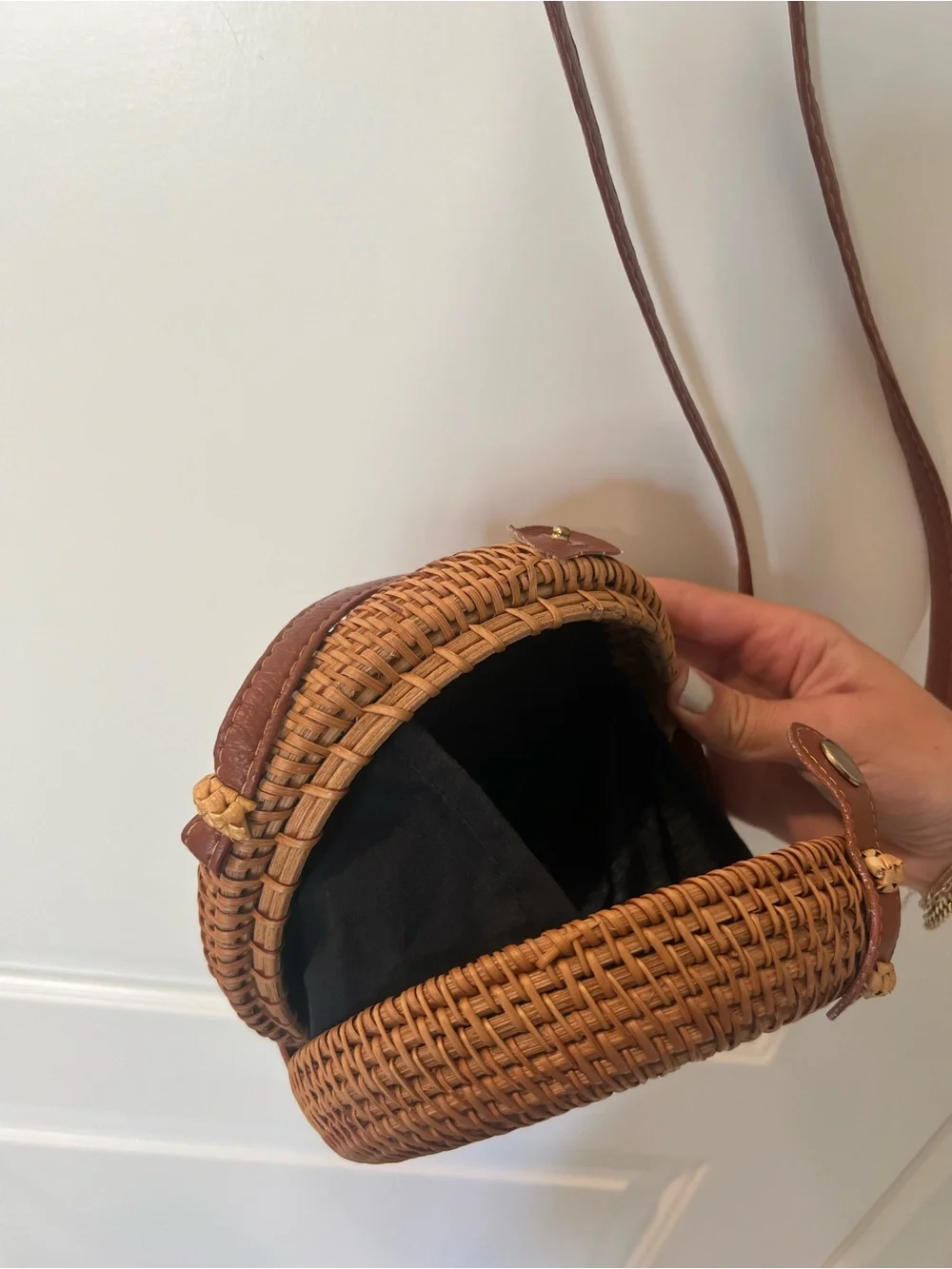 Round Rattan Woven Crossbody Bag in Brown